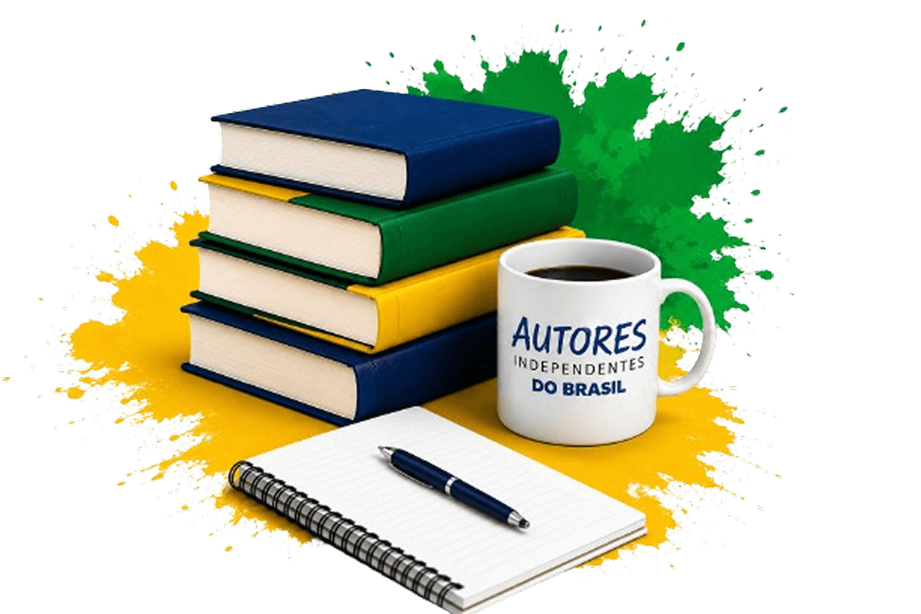 Pilha de livros do coletivo Autores Independentes do Brasil com caneca e caderno